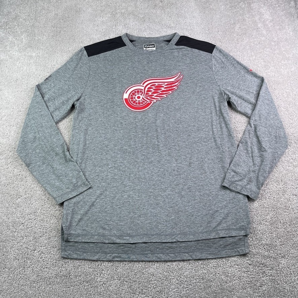 Detroit‎ Red Wings Shirt Mens Large Grey Fanatics Long Sleeve Performance Logo